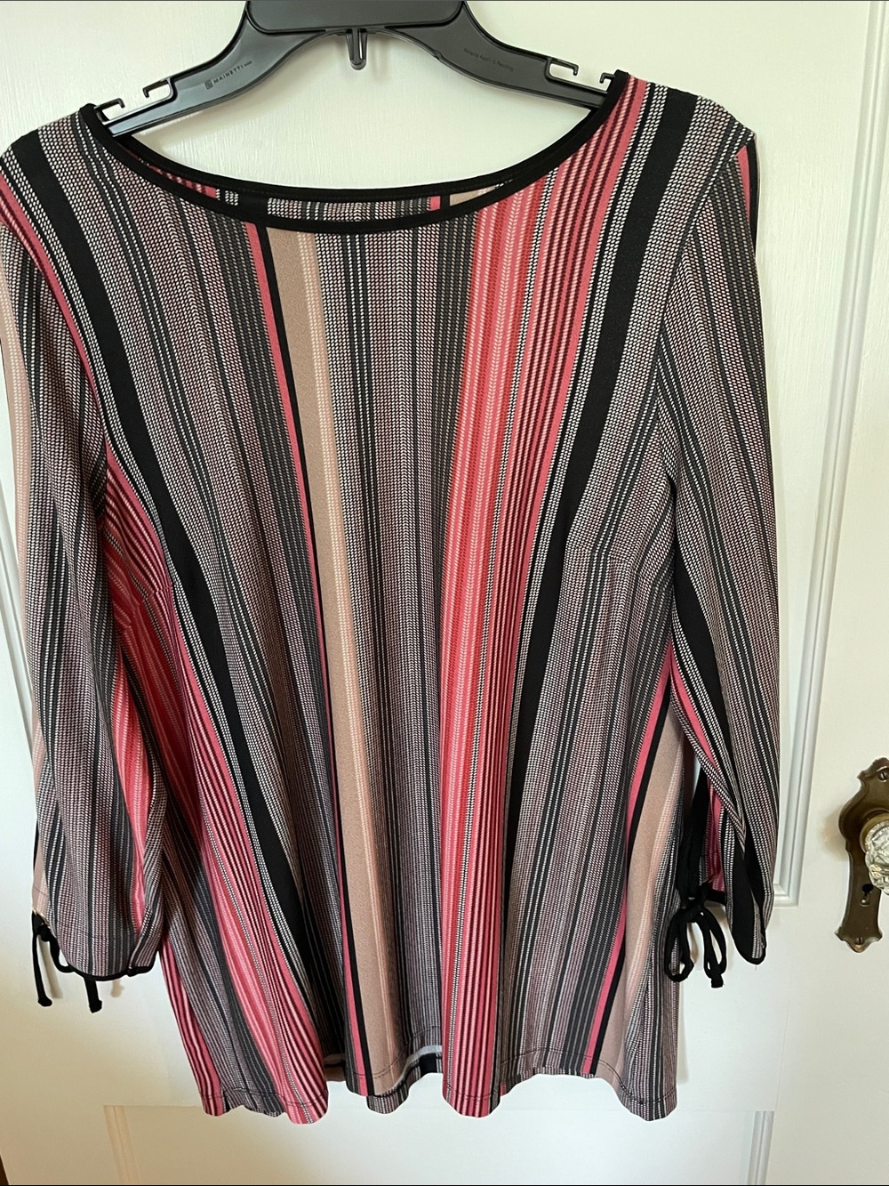 Roz & Ali Vertical Striped Boatneck Top in Pink, Black & Cream